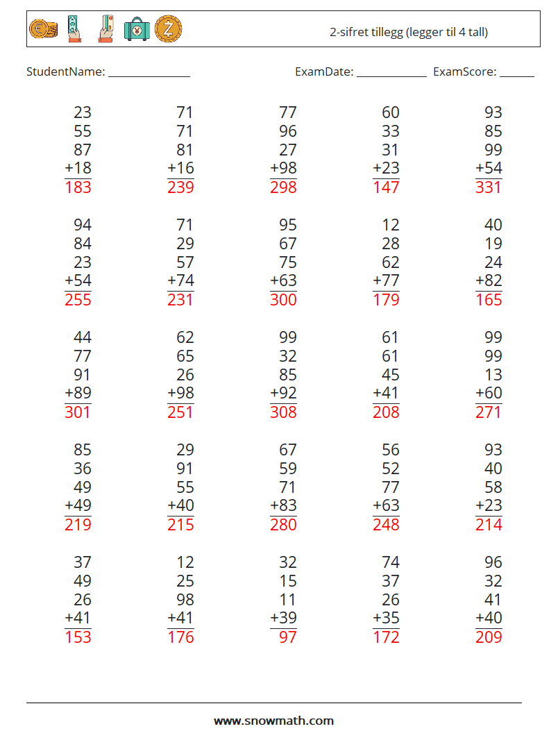 (25) 2-sifret tillegg (legger til 4 tall) MathWorksheets 14 QuestionAnswer