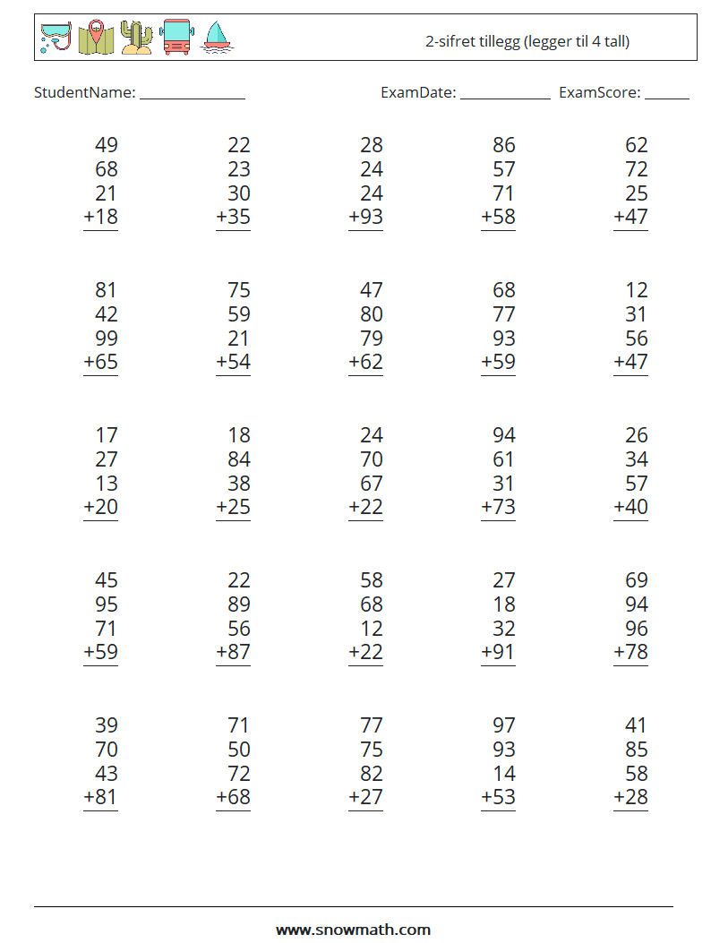 (25) 2-sifret tillegg (legger til 4 tall) MathWorksheets 15