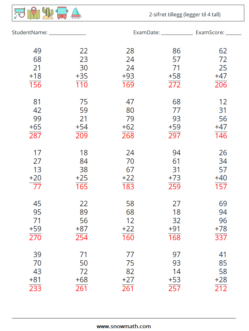 (25) 2-sifret tillegg (legger til 4 tall) MathWorksheets 15 QuestionAnswer
