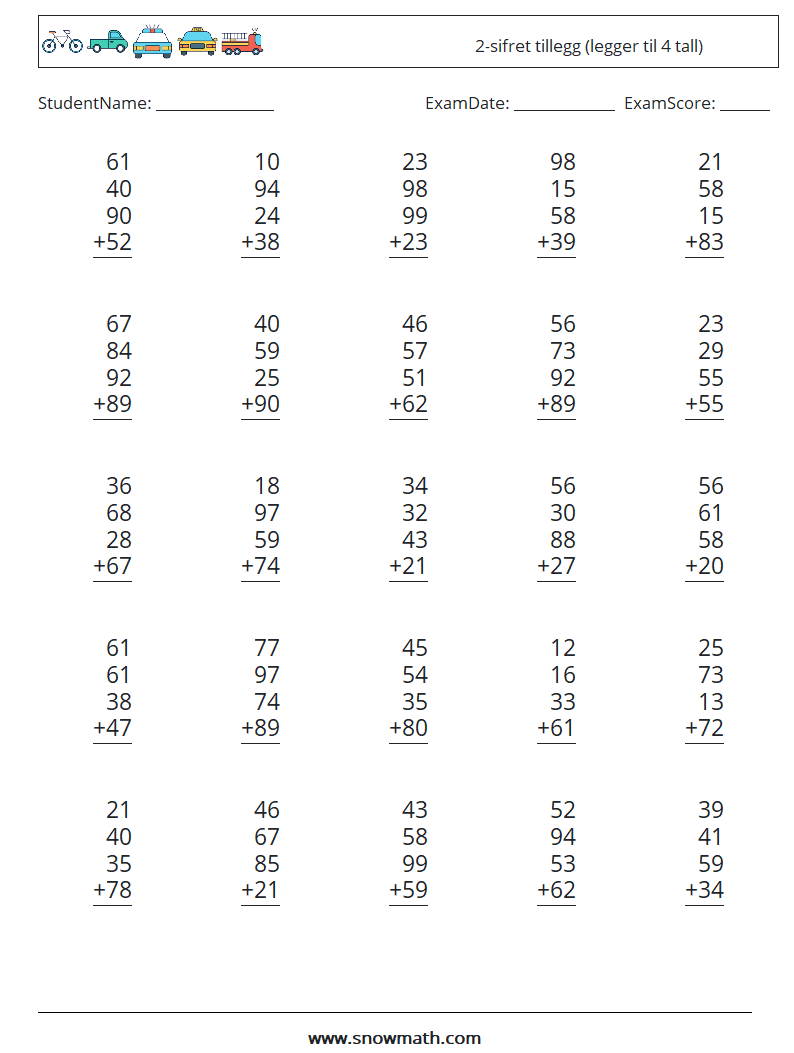 (25) 2-sifret tillegg (legger til 4 tall) MathWorksheets 16