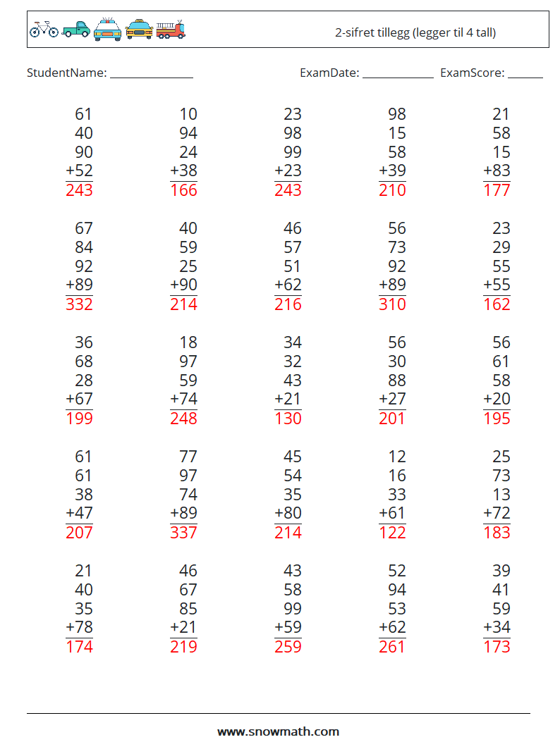 (25) 2-sifret tillegg (legger til 4 tall) MathWorksheets 16 QuestionAnswer