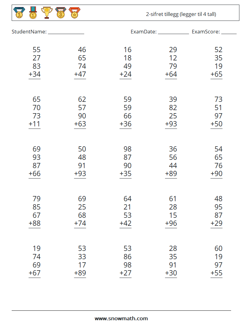 (25) 2-sifret tillegg (legger til 4 tall) MathWorksheets 17