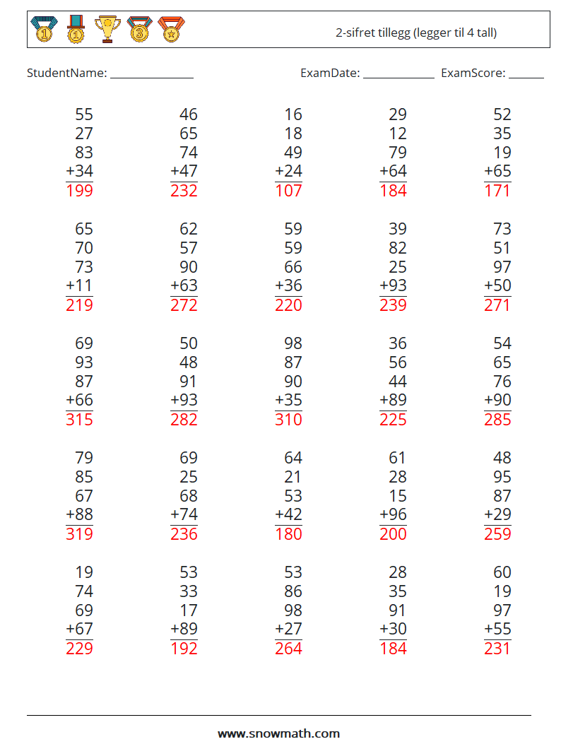 (25) 2-sifret tillegg (legger til 4 tall) MathWorksheets 17 QuestionAnswer