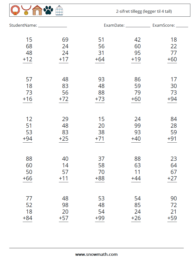 (25) 2-sifret tillegg (legger til 4 tall) MathWorksheets 18