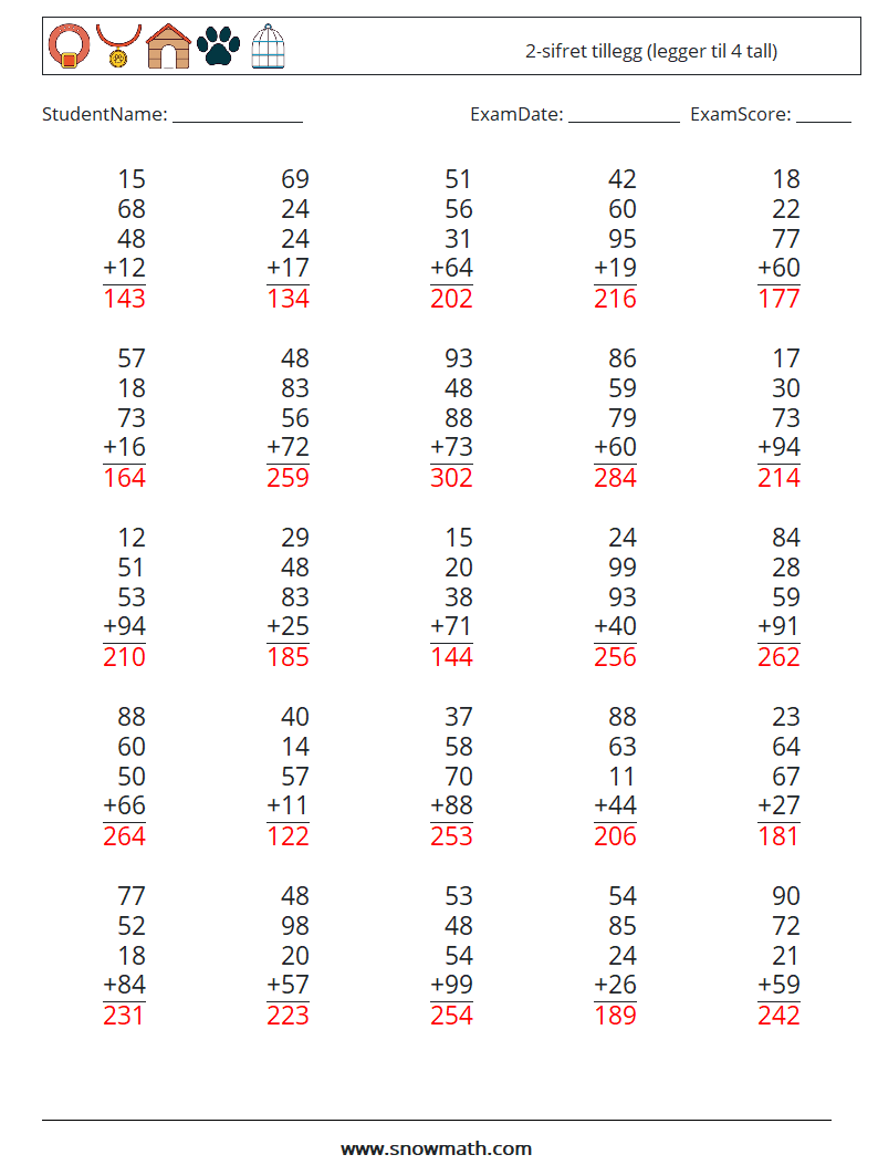 (25) 2-sifret tillegg (legger til 4 tall) MathWorksheets 18 QuestionAnswer