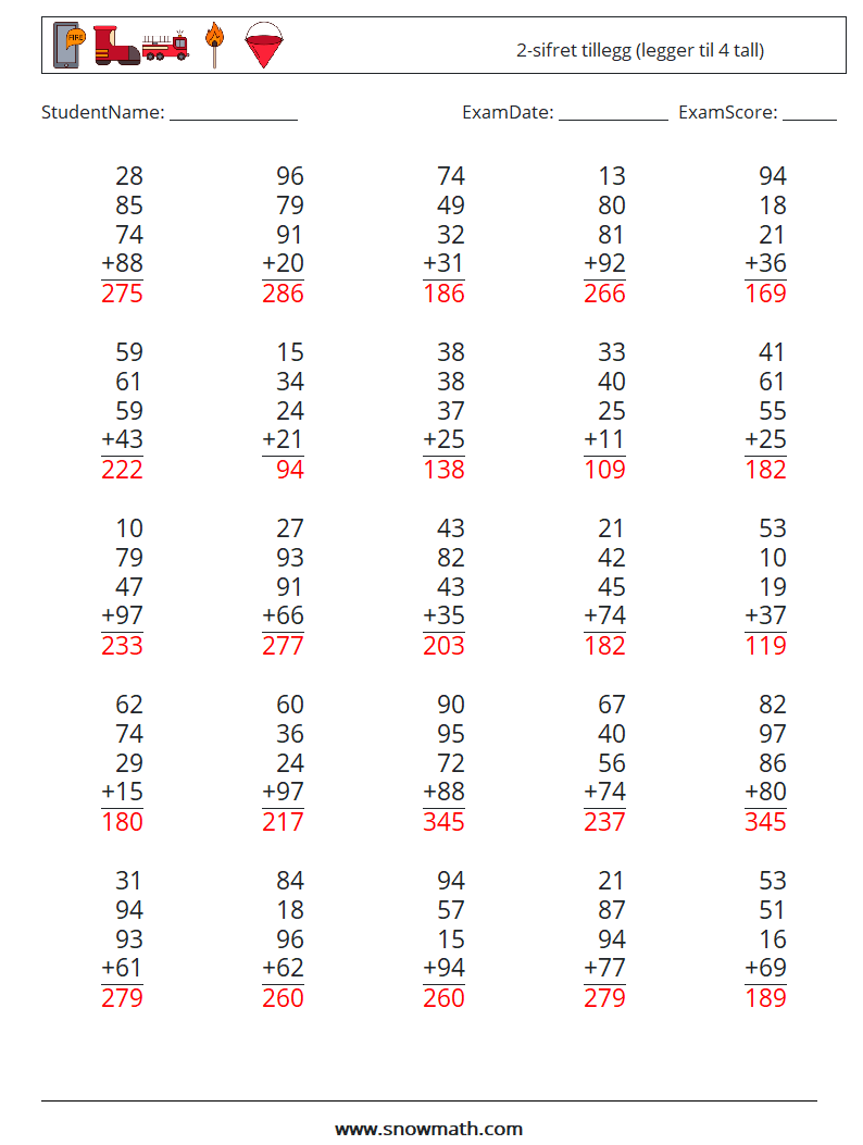 (25) 2-sifret tillegg (legger til 4 tall) MathWorksheets 1 QuestionAnswer