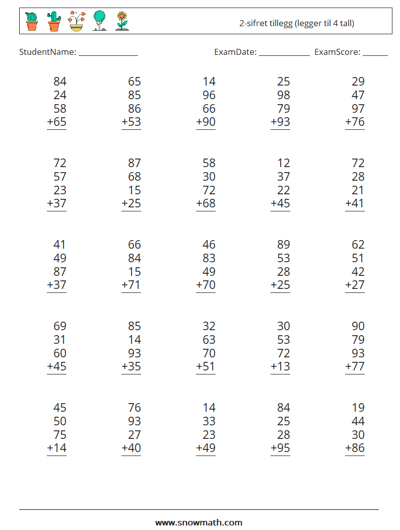 (25) 2-sifret tillegg (legger til 4 tall) MathWorksheets 2