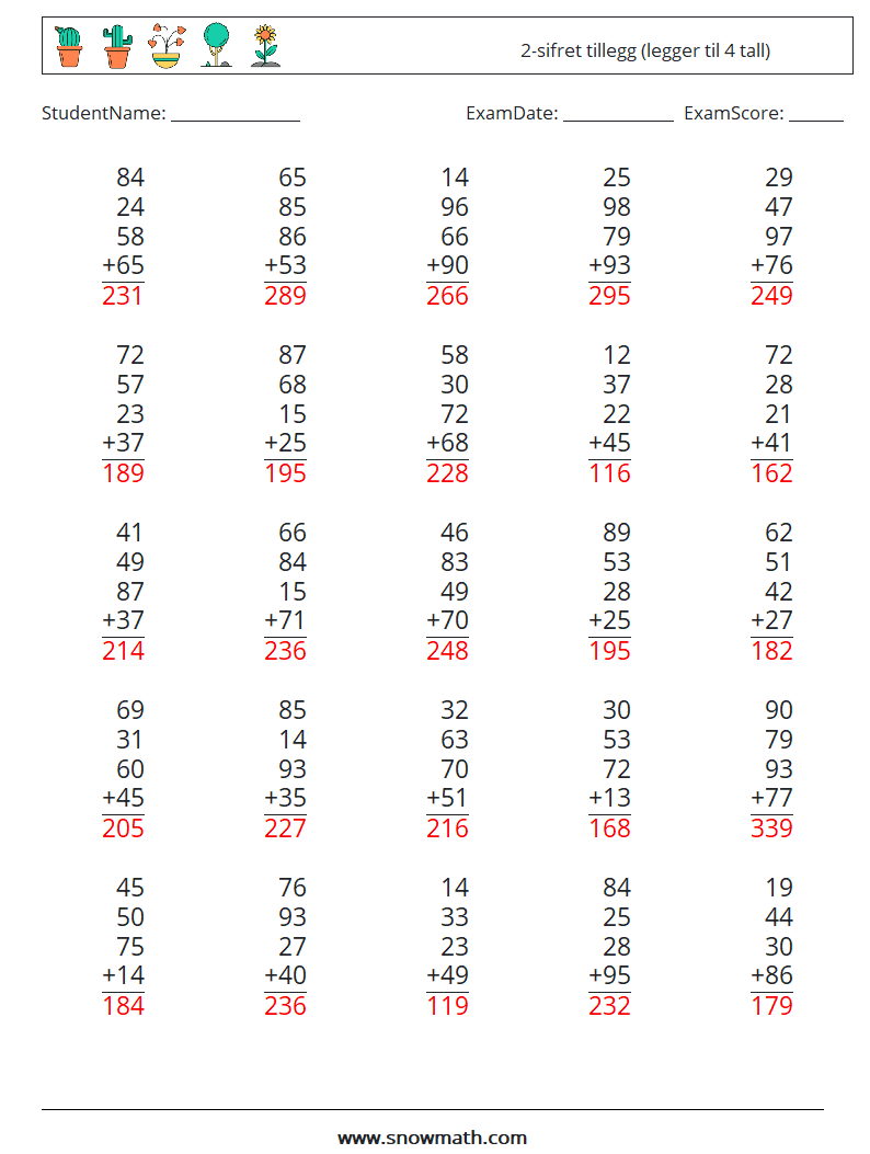 (25) 2-sifret tillegg (legger til 4 tall) MathWorksheets 2 QuestionAnswer