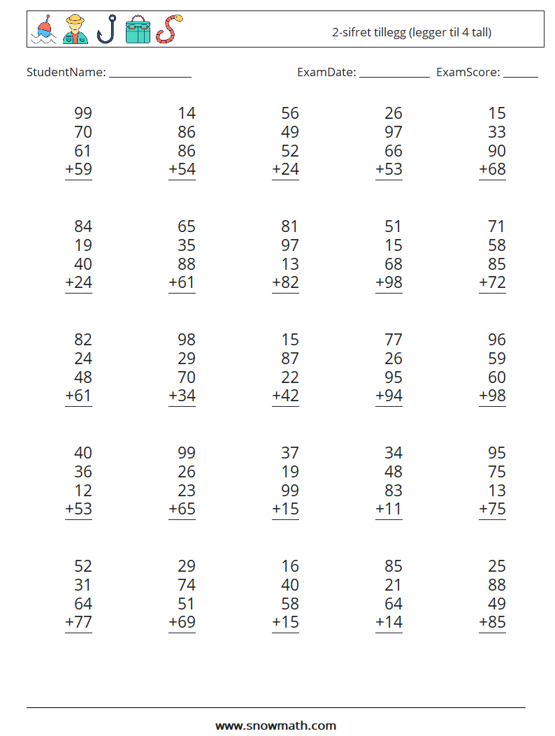 (25) 2-sifret tillegg (legger til 4 tall) MathWorksheets 3