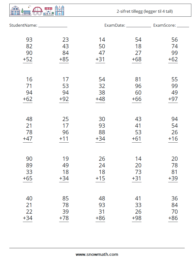 (25) 2-sifret tillegg (legger til 4 tall) MathWorksheets 4