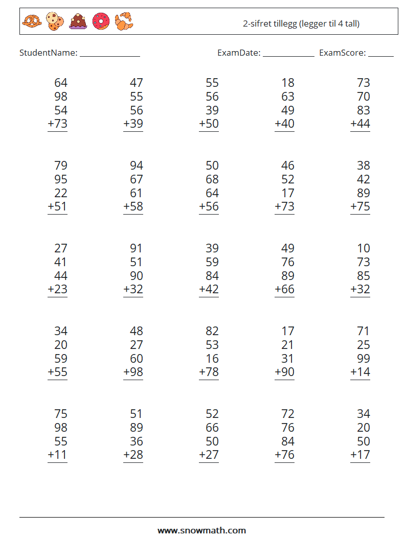 (25) 2-sifret tillegg (legger til 4 tall) MathWorksheets 5