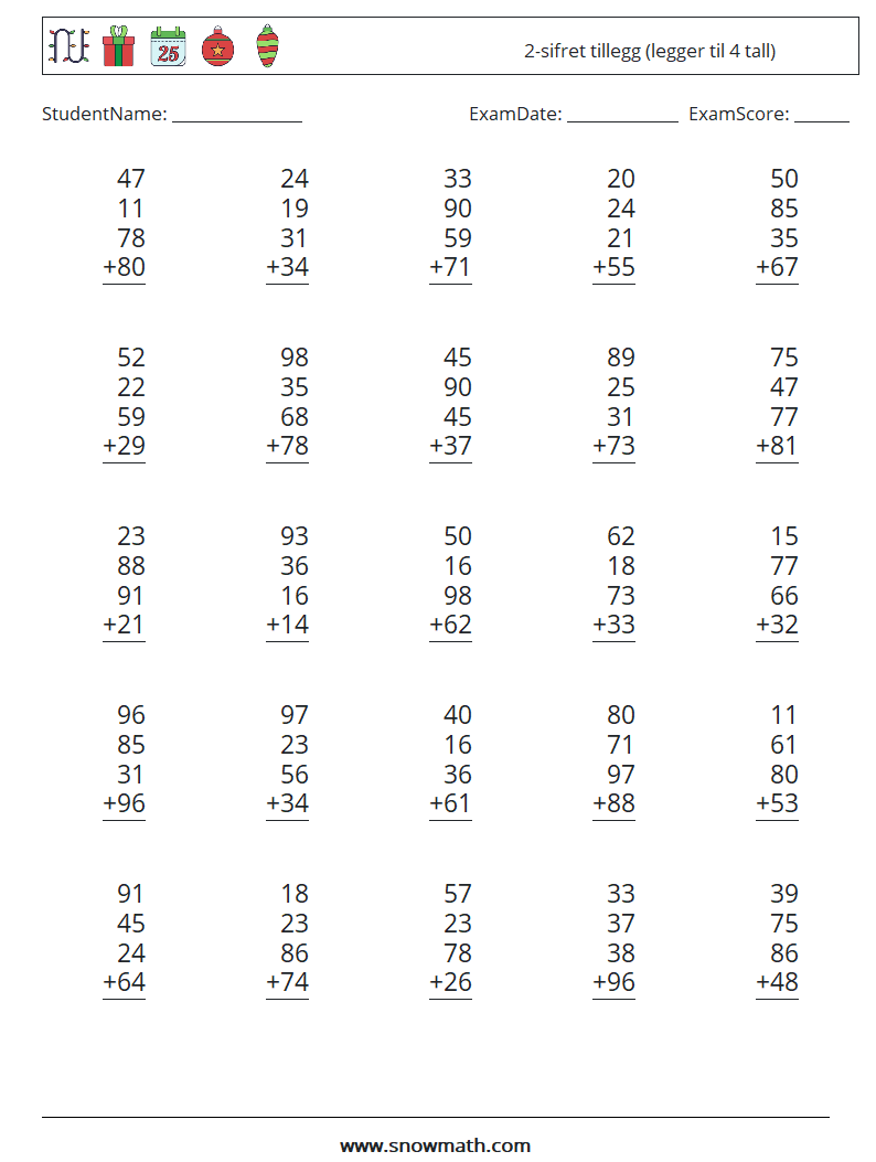 (25) 2-sifret tillegg (legger til 4 tall) MathWorksheets 6