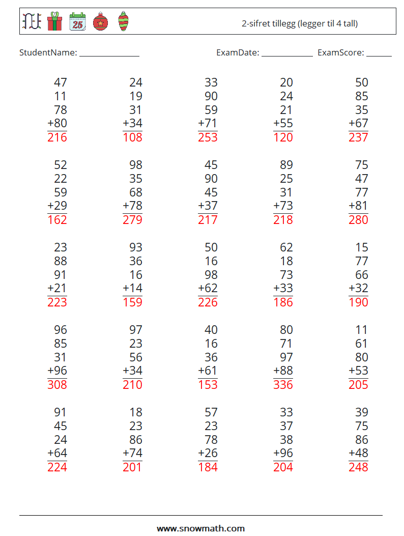 (25) 2-sifret tillegg (legger til 4 tall) MathWorksheets 6 QuestionAnswer