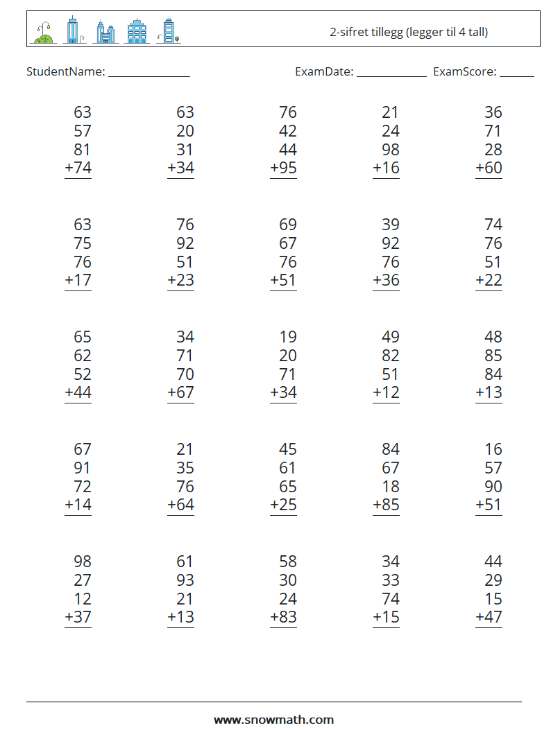 (25) 2-sifret tillegg (legger til 4 tall) MathWorksheets 7