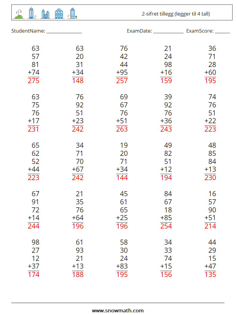 (25) 2-sifret tillegg (legger til 4 tall) MathWorksheets 7 QuestionAnswer