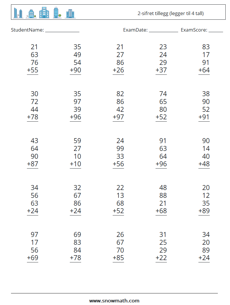 (25) 2-sifret tillegg (legger til 4 tall) MathWorksheets 8