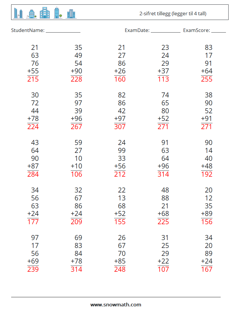 (25) 2-sifret tillegg (legger til 4 tall) MathWorksheets 8 QuestionAnswer