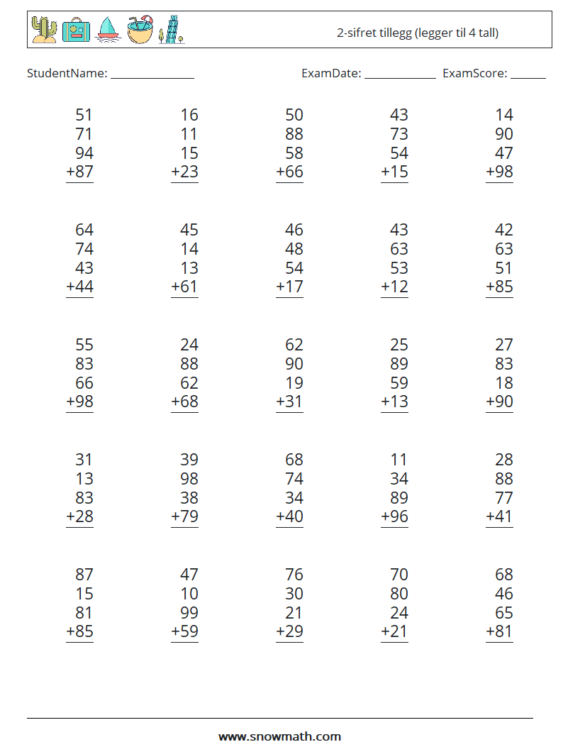 (25) 2-sifret tillegg (legger til 4 tall) MathWorksheets 9