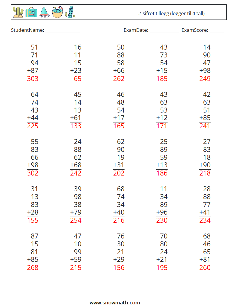 (25) 2-sifret tillegg (legger til 4 tall) MathWorksheets 9 QuestionAnswer