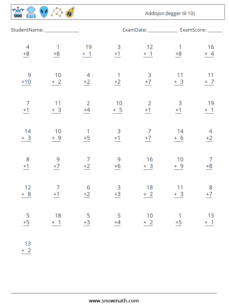 (50) Addisjon (legger til 10) MathWorksheets 10