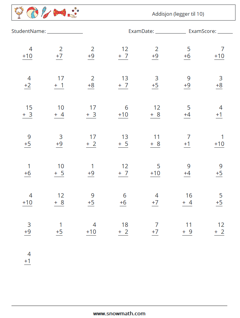 (50) Addisjon (legger til 10) MathWorksheets 11