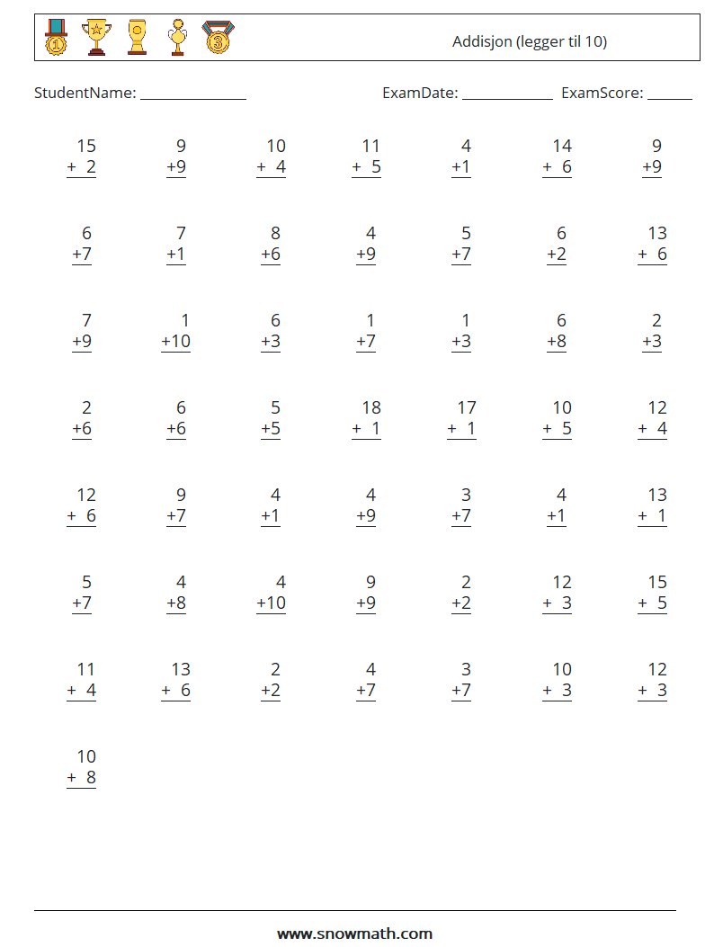 (50) Addisjon (legger til 10) MathWorksheets 13