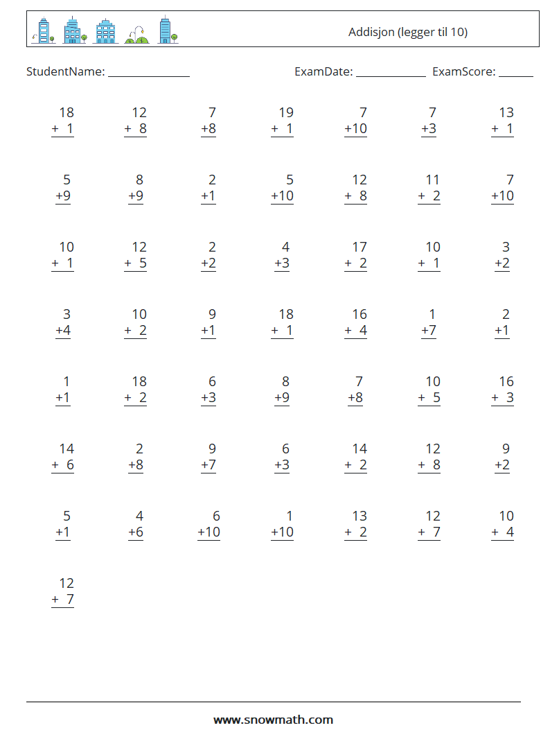 (50) Addisjon (legger til 10) MathWorksheets 14