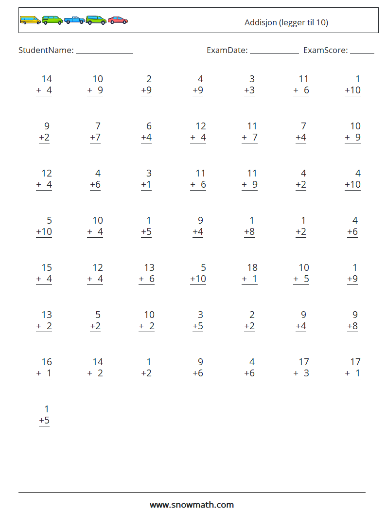 (50) Addisjon (legger til 10) MathWorksheets 15