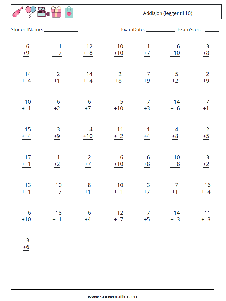 (50) Addisjon (legger til 10) MathWorksheets 2