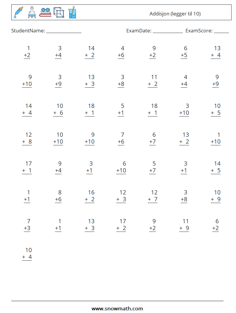(50) Addisjon (legger til 10) MathWorksheets 3