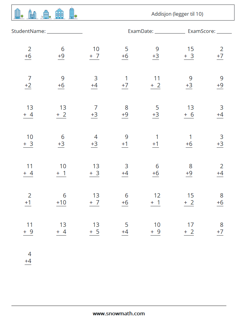 (50) Addisjon (legger til 10) MathWorksheets 4
