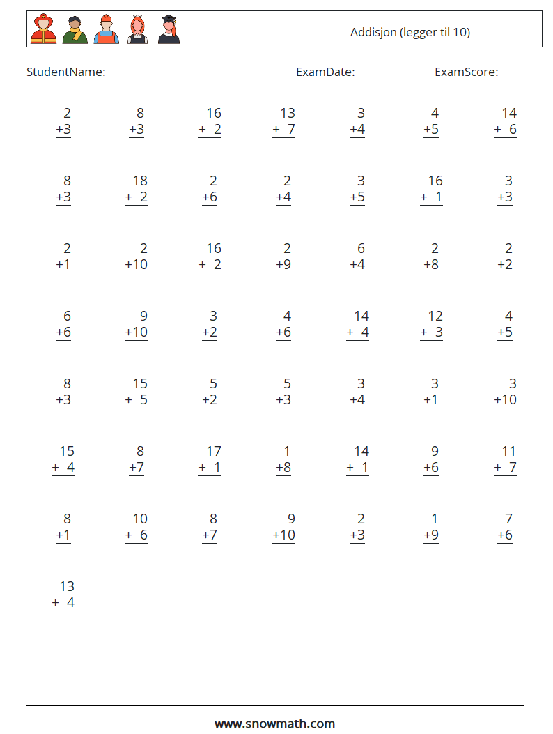 (50) Addisjon (legger til 10) MathWorksheets 6