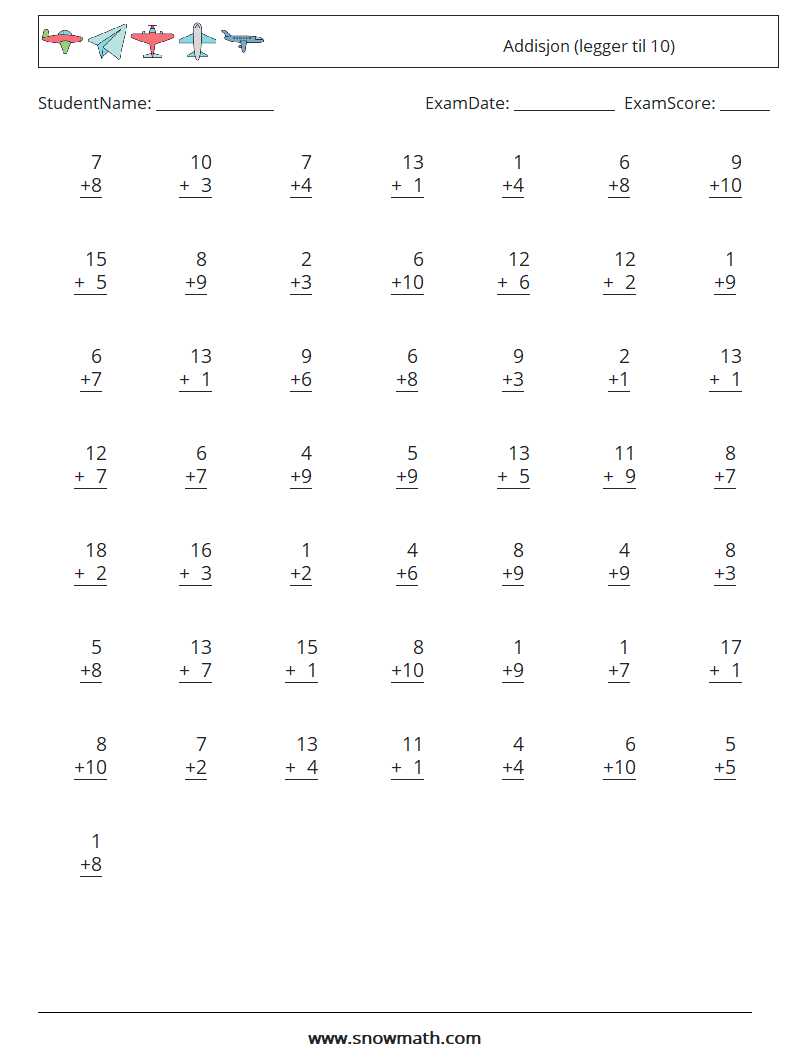 (50) Addisjon (legger til 10) MathWorksheets 7