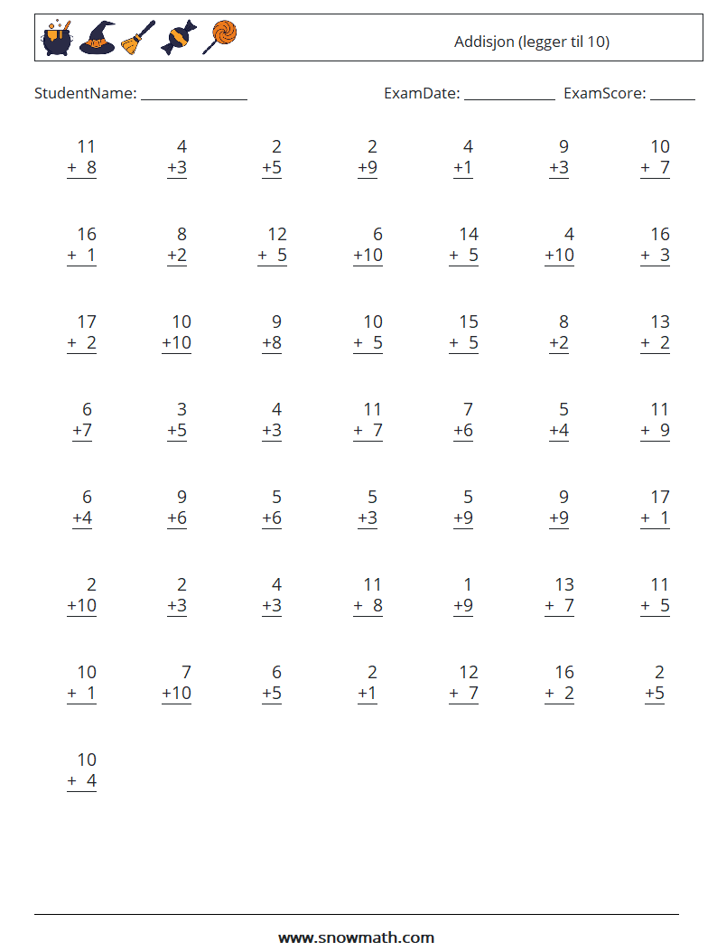 (50) Addisjon (legger til 10) MathWorksheets 8