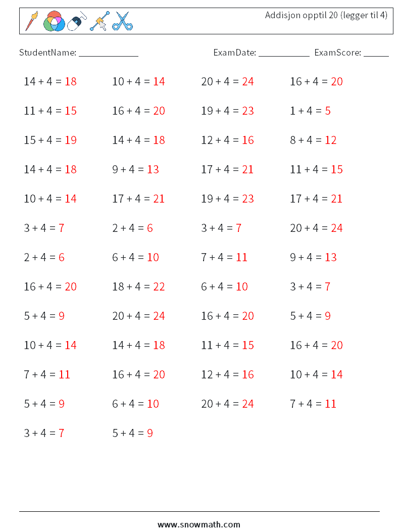 (50) Addisjon opptil 20 (legger til 4) MathWorksheets 1 QuestionAnswer