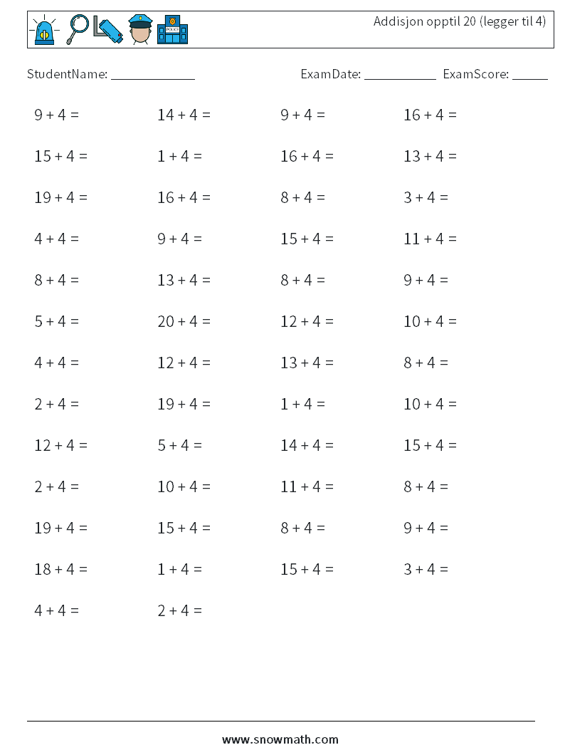 (50) Addisjon opptil 20 (legger til 4) MathWorksheets 2