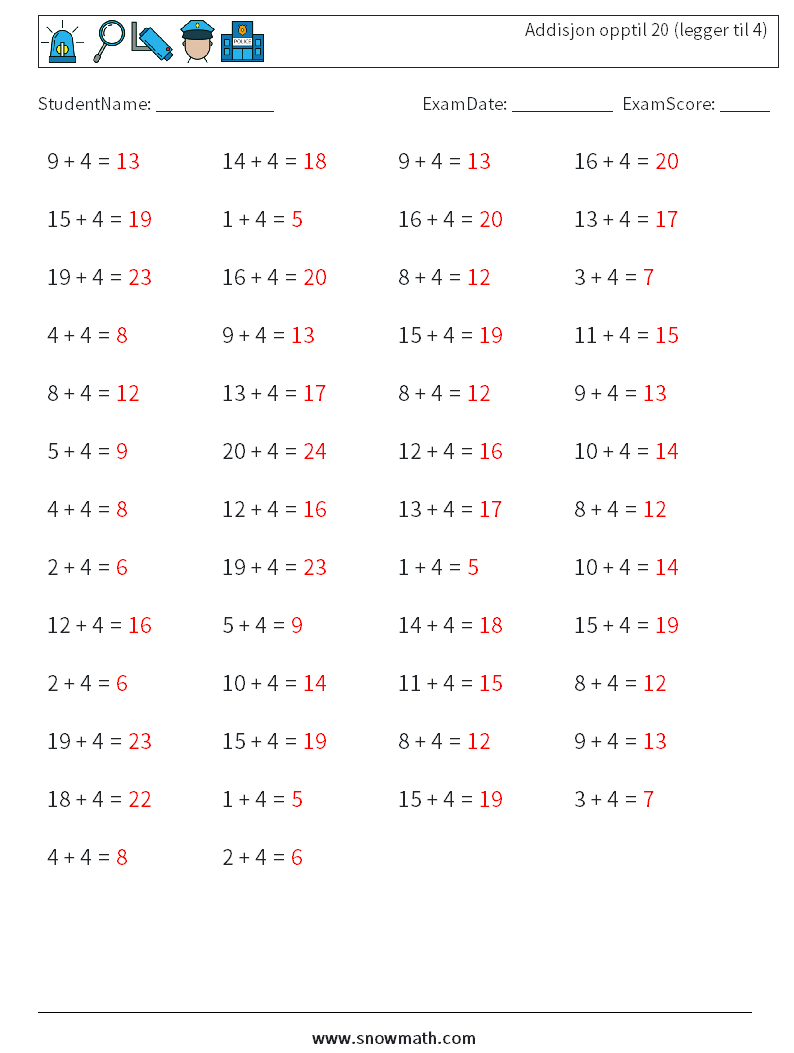 (50) Addisjon opptil 20 (legger til 4) MathWorksheets 2 QuestionAnswer