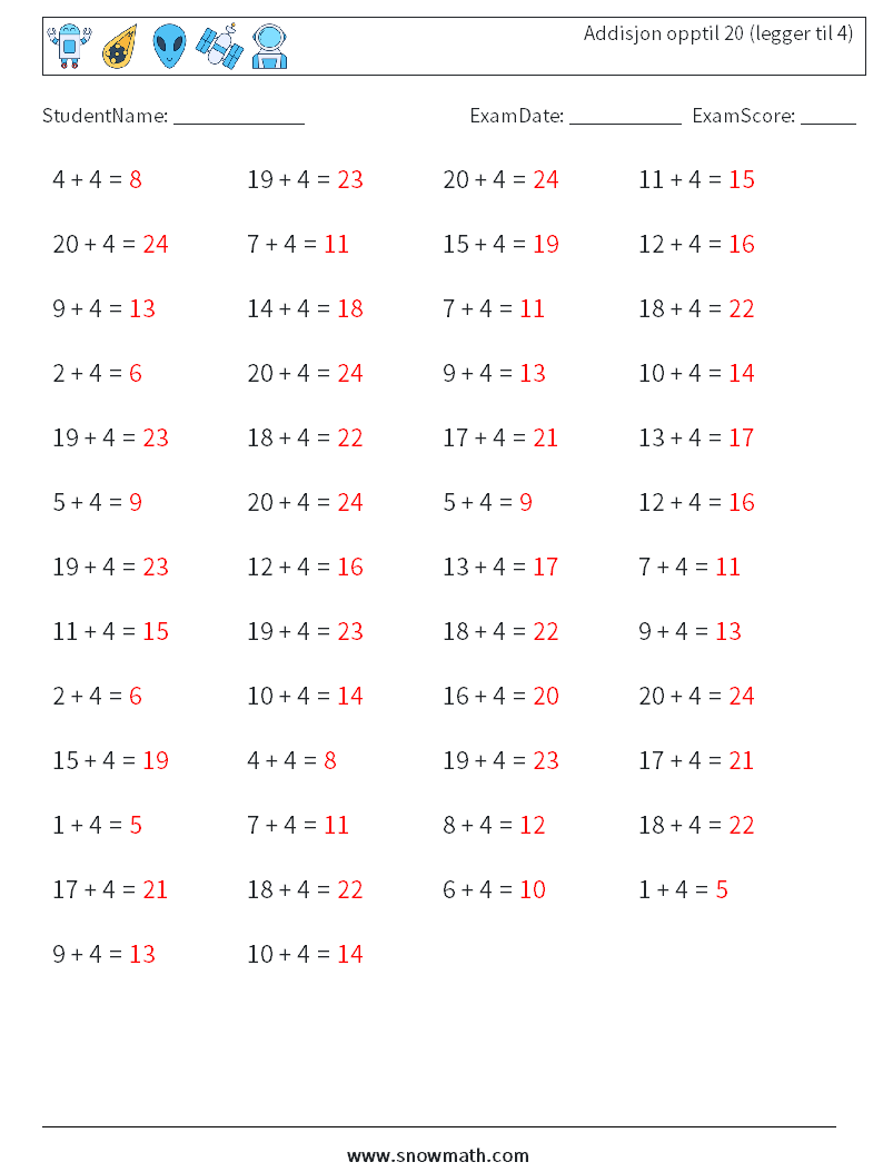 (50) Addisjon opptil 20 (legger til 4) MathWorksheets 3 QuestionAnswer