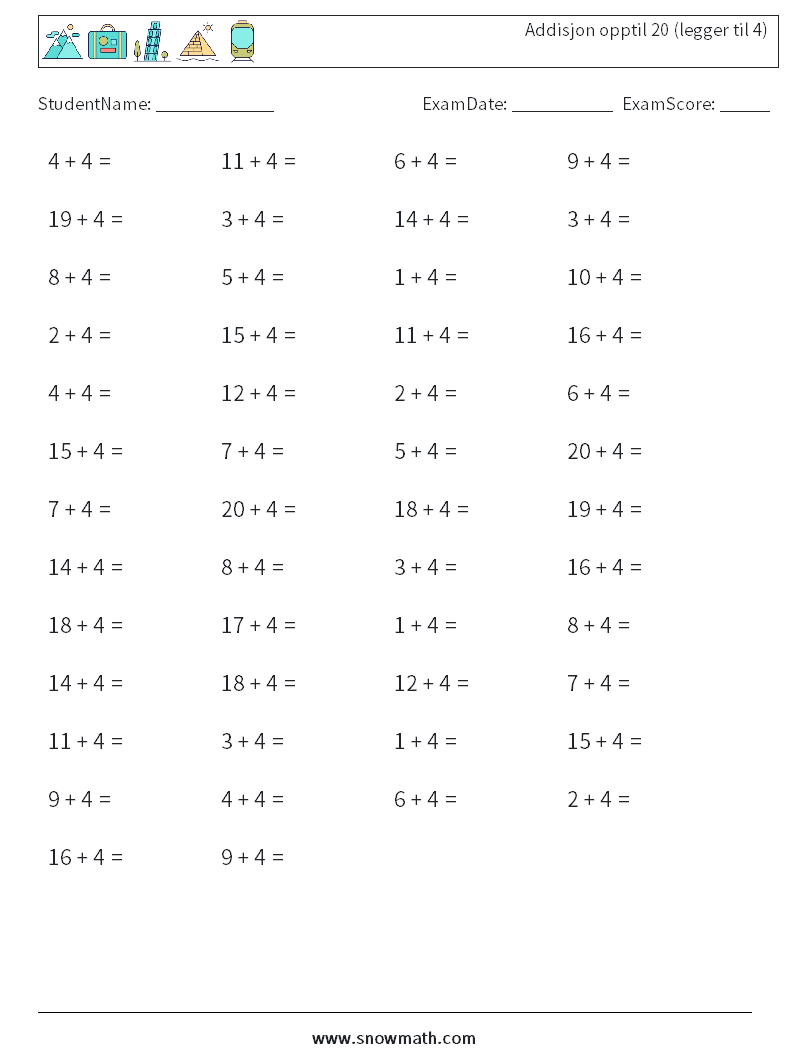 (50) Addisjon opptil 20 (legger til 4) MathWorksheets 4