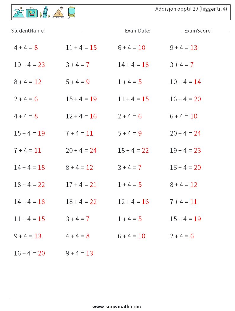 (50) Addisjon opptil 20 (legger til 4) MathWorksheets 4 QuestionAnswer