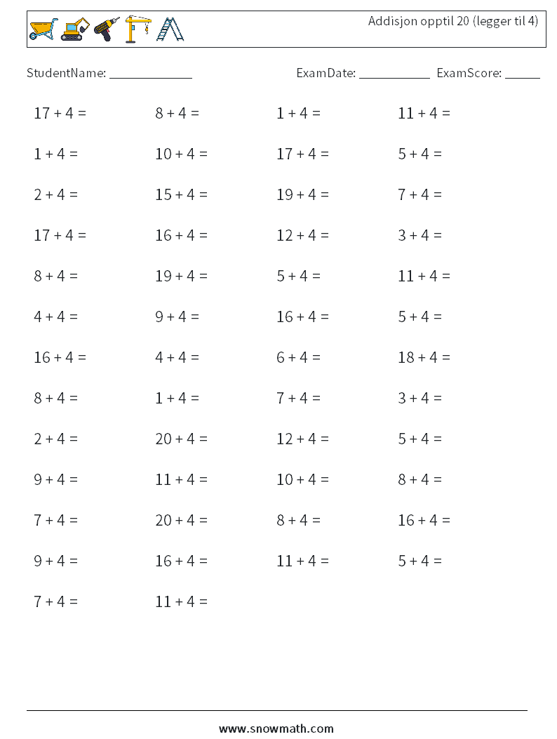 (50) Addisjon opptil 20 (legger til 4) MathWorksheets 5