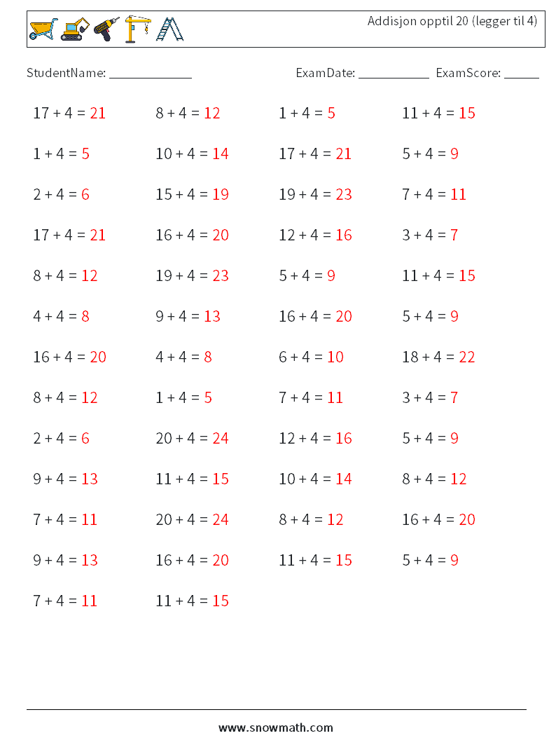 (50) Addisjon opptil 20 (legger til 4) MathWorksheets 5 QuestionAnswer