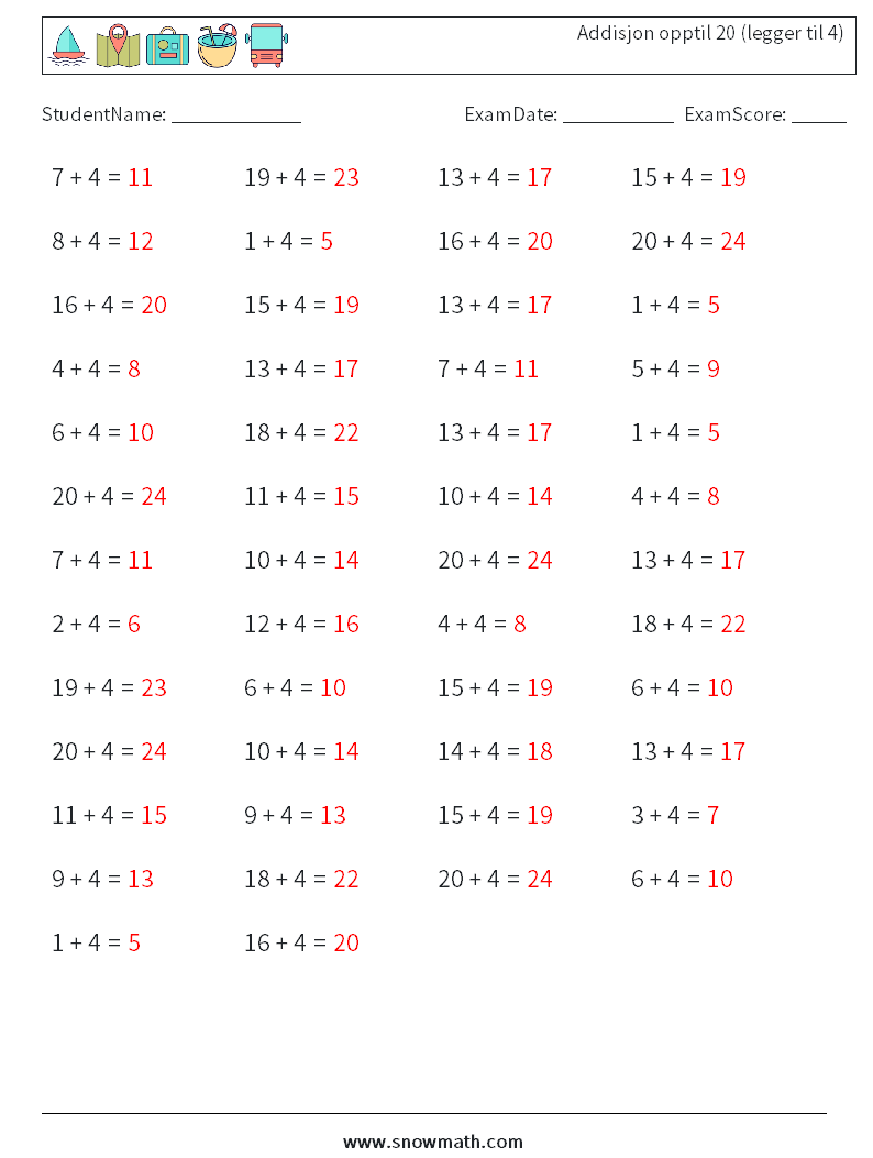 (50) Addisjon opptil 20 (legger til 4) MathWorksheets 6 QuestionAnswer