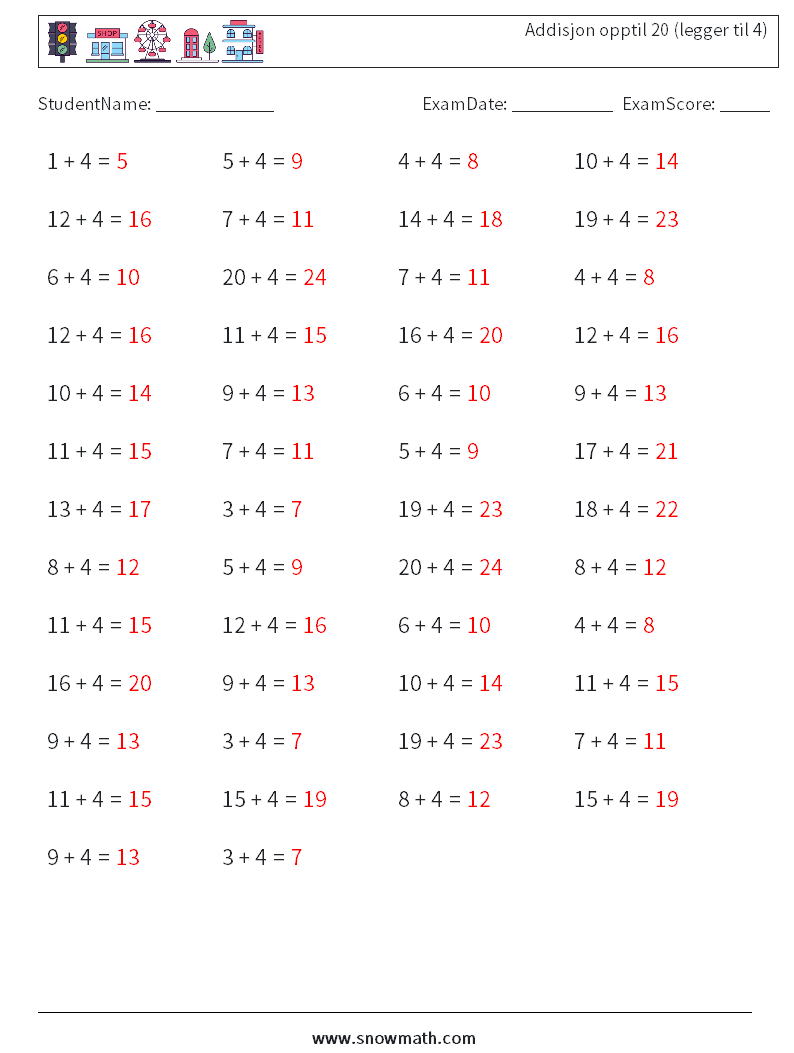 (50) Addisjon opptil 20 (legger til 4) MathWorksheets 7 QuestionAnswer