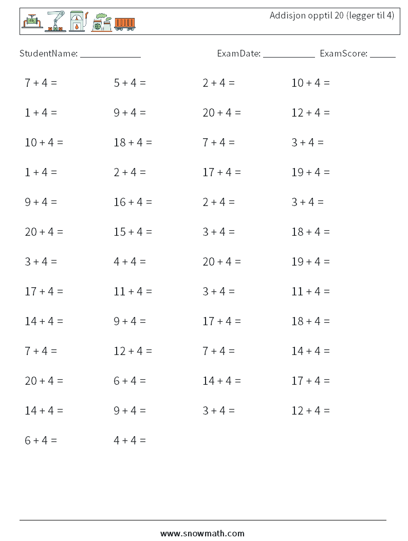 (50) Addisjon opptil 20 (legger til 4) MathWorksheets 8