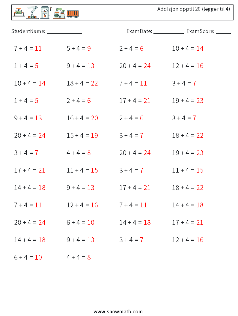 (50) Addisjon opptil 20 (legger til 4) MathWorksheets 8 QuestionAnswer