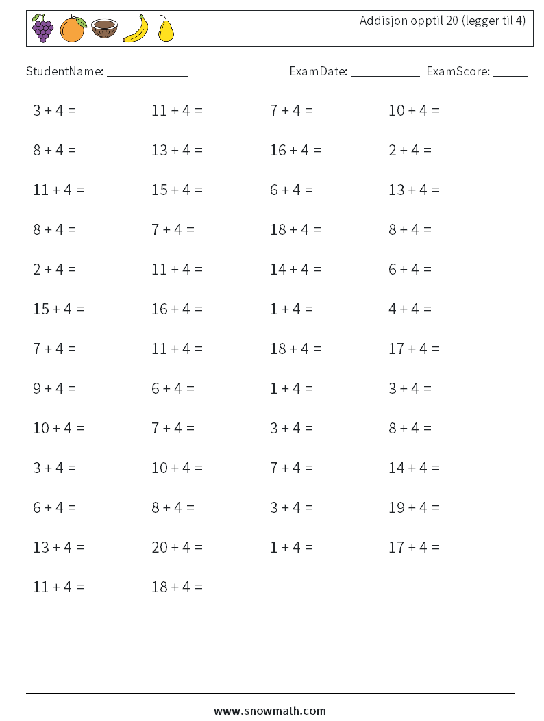 (50) Addisjon opptil 20 (legger til 4) MathWorksheets 9
