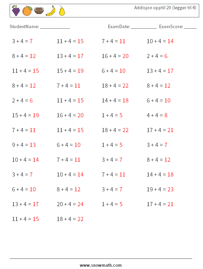 (50) Addisjon opptil 20 (legger til 4) MathWorksheets 9 QuestionAnswer