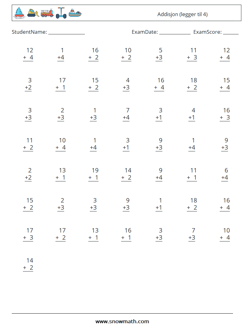 (50) Addisjon (legger til 4) MathWorksheets 13