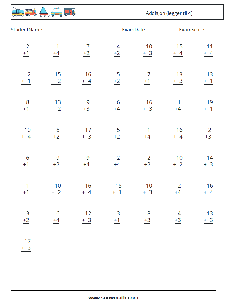 (50) Addisjon (legger til 4) MathWorksheets 16